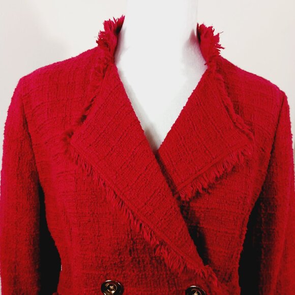 Chico's Red Jacket, Size 1, Double Breasted, 100% Cotton with Cotton Fringe - Picture 5 of 16